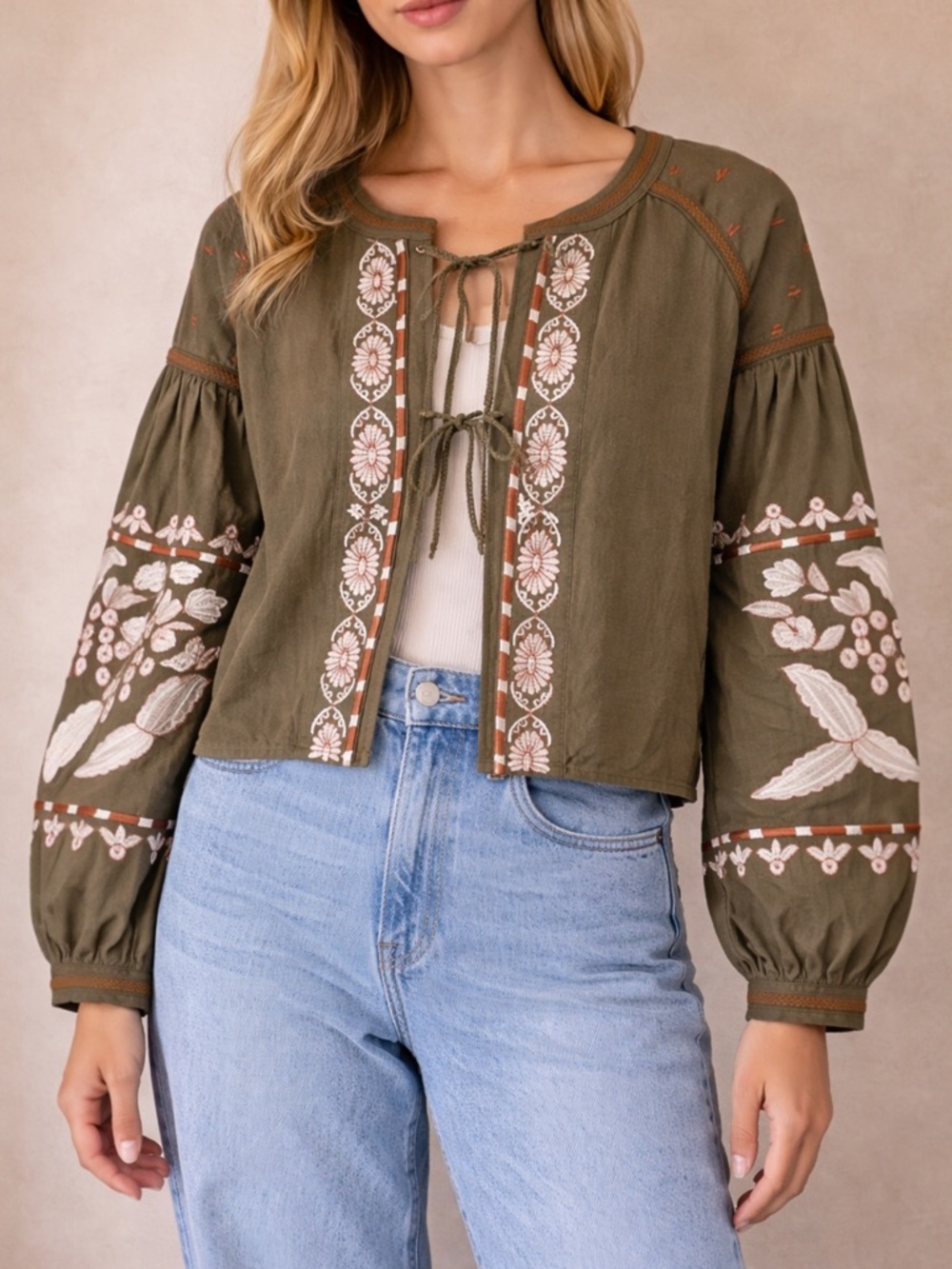 NWT RD & Koko Embroidered Tie Front Jacket Olive Boho Cotton Cropped Size Large